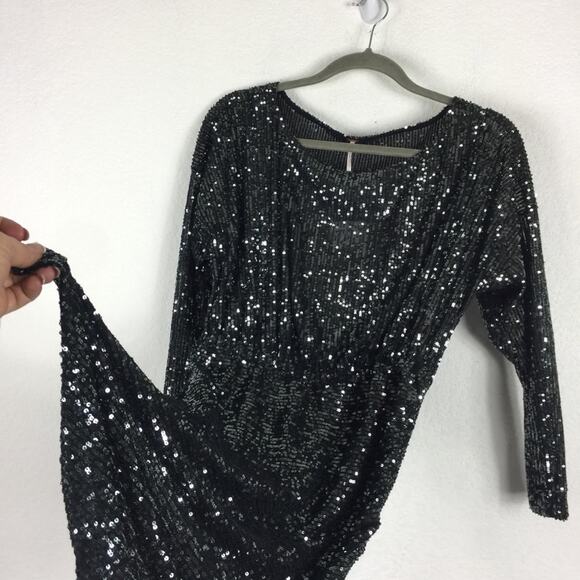 NWT Free People Gisele Sequin Mini Dress Black Silver Off Shoulder Cocktail - Picture 12 of 15